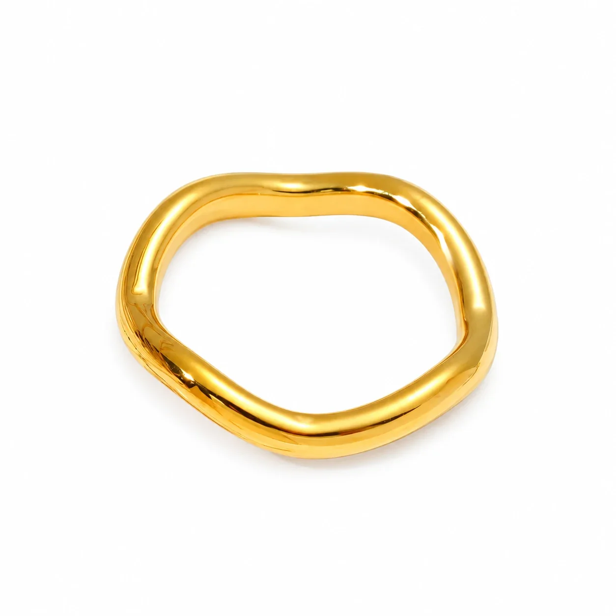 Wavy Band Ring with Rounded Square Profile, Stainless Steel - Gold Slim Wave