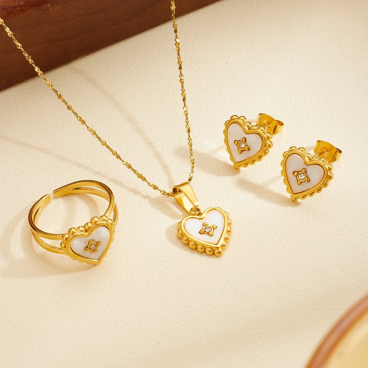 Heart Jewelry Set, White Inlay and Crystal Centers, Gold-Plated
