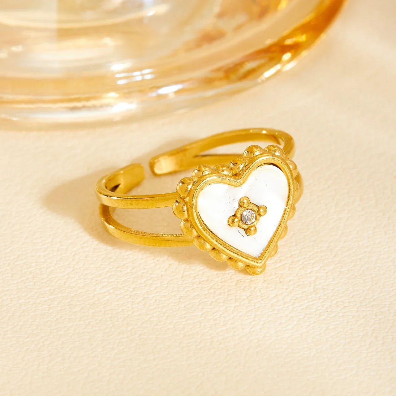 Heart Jewelry Set, White Inlay and Crystal Centers, Gold-Plated