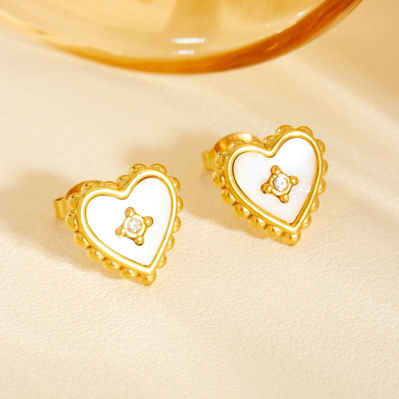 Heart Jewelry Set, White Inlay and Crystal Centers, Gold-Plated