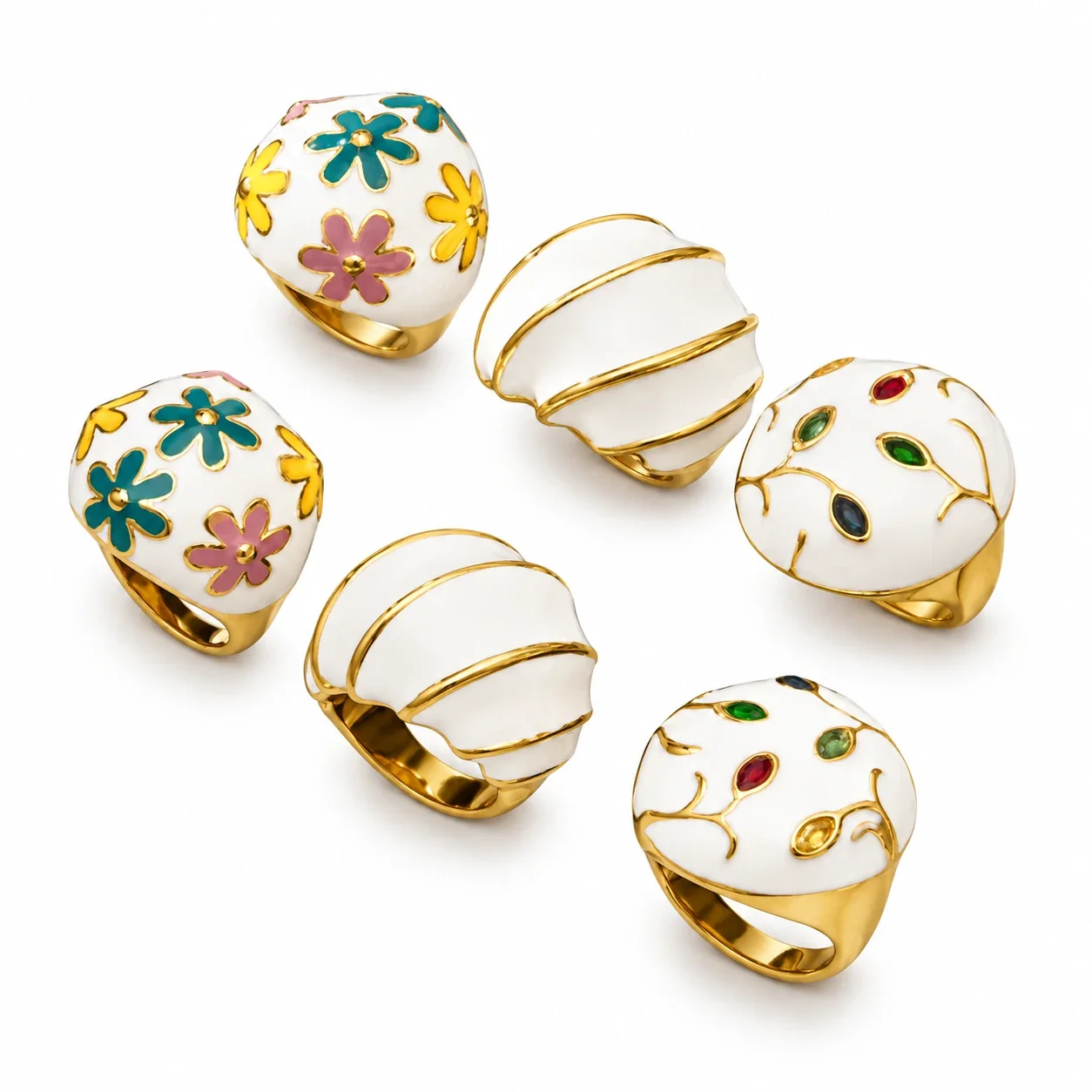 White Enamel Dome Ring, Stainless Steel Gold PVD