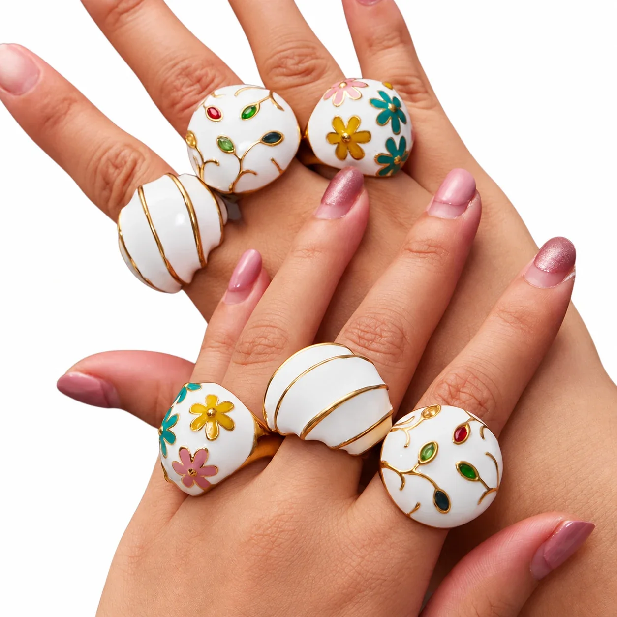 White Enamel Dome Ring, Stainless Steel Gold PVD
