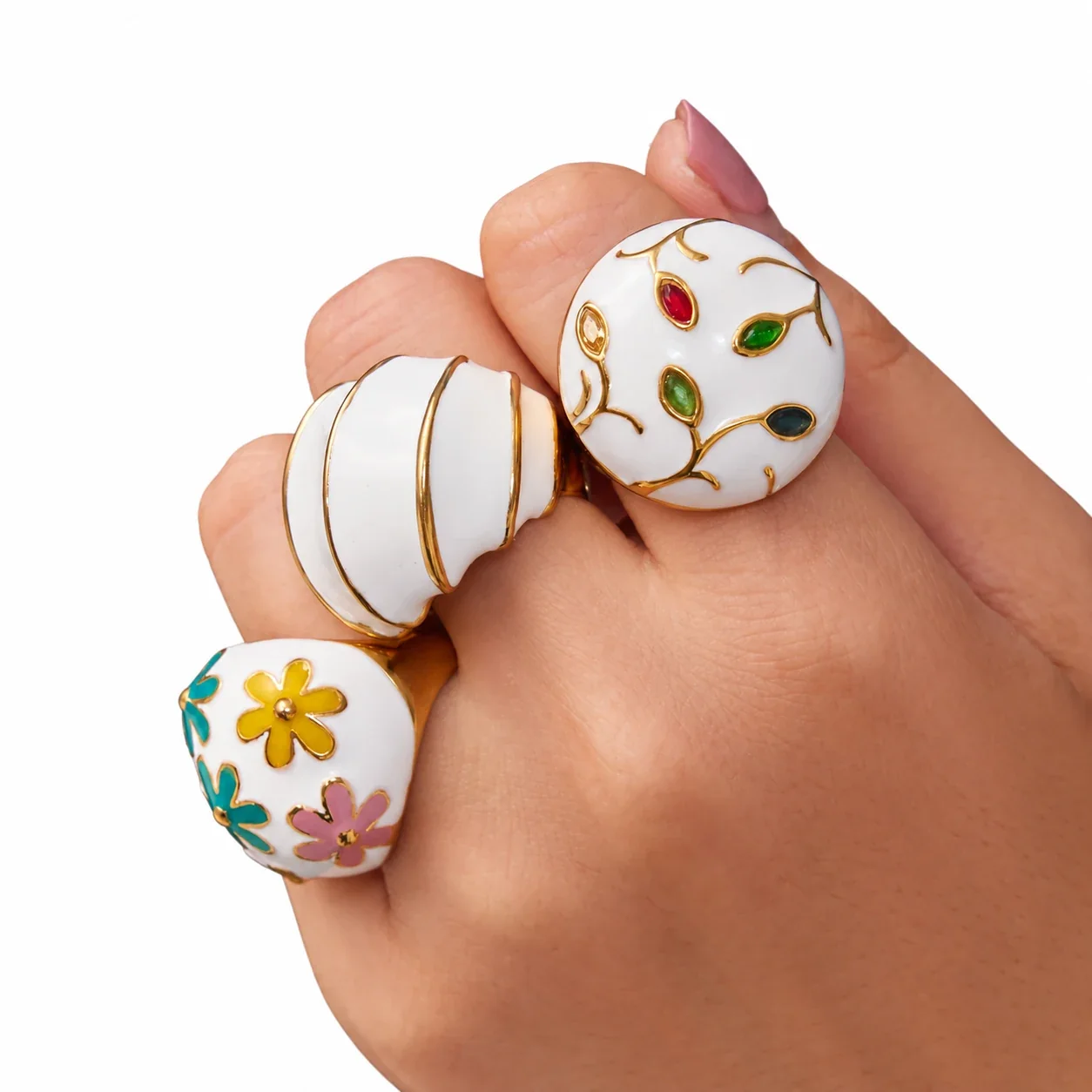 White Enamel Dome Ring, Stainless Steel Gold PVD