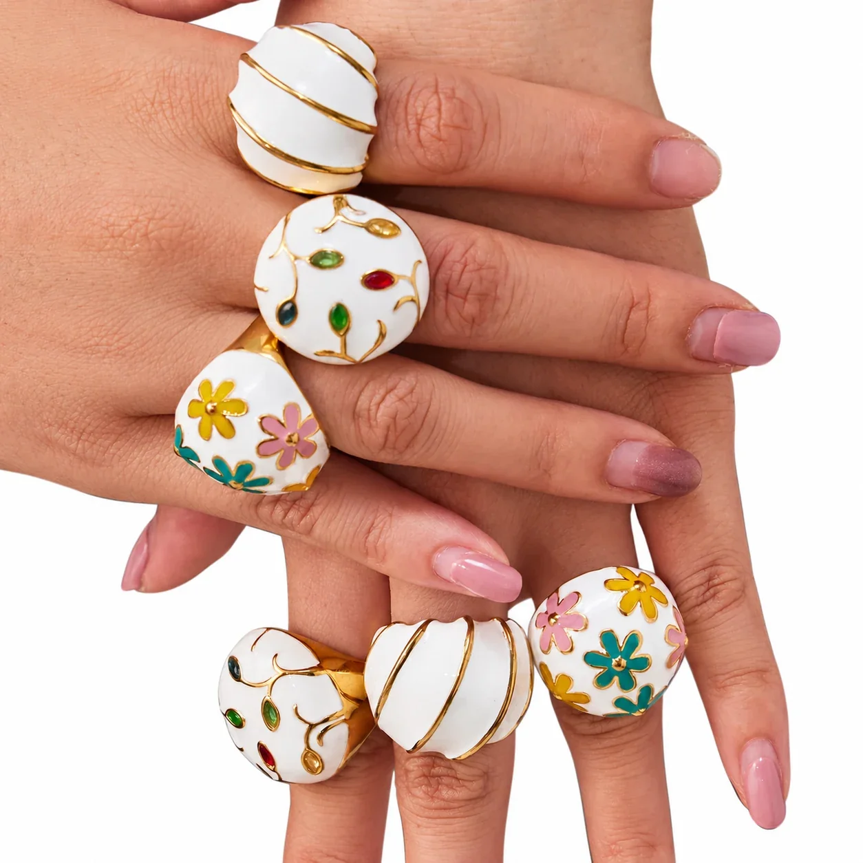 White Enamel Dome Ring, Stainless Steel Gold PVD