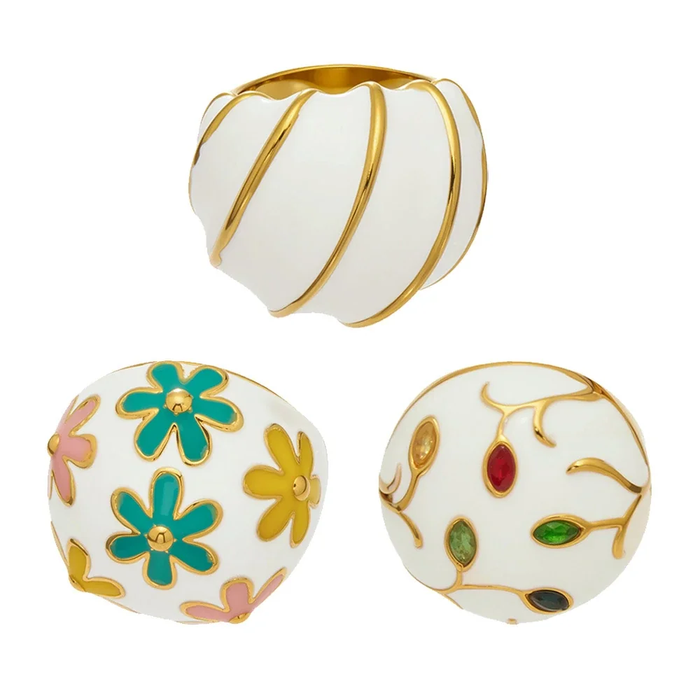 White Enamel Dome Ring, Stainless Steel Gold PVD