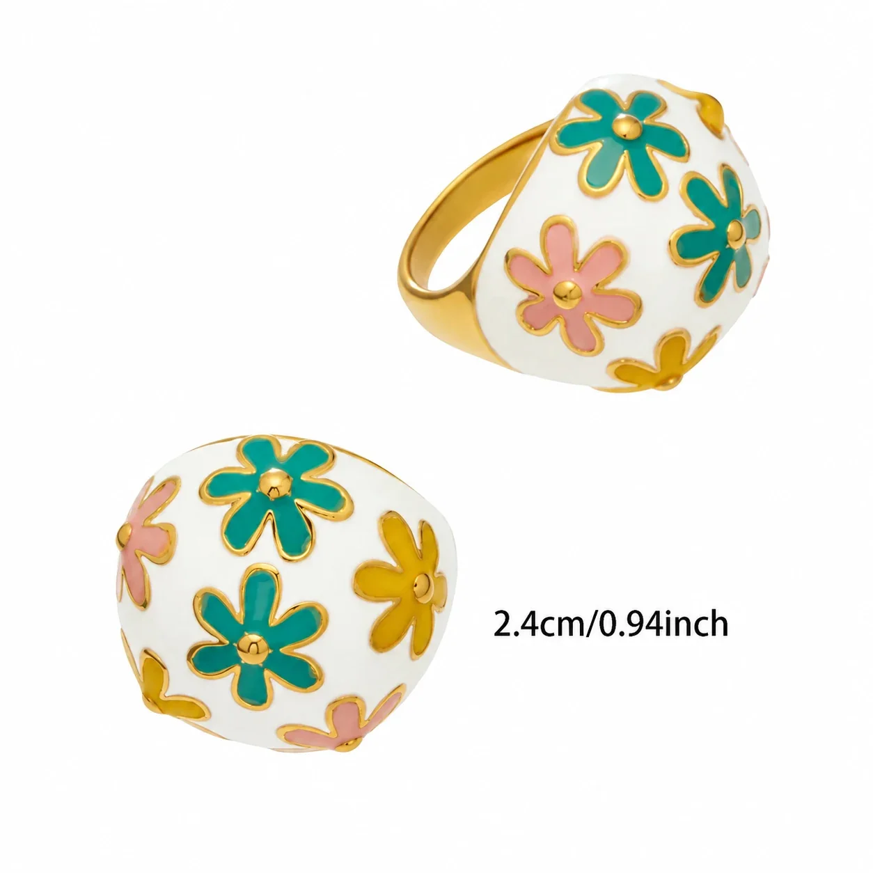 White Enamel Dome Ring, Stainless Steel Gold PVD - Gold