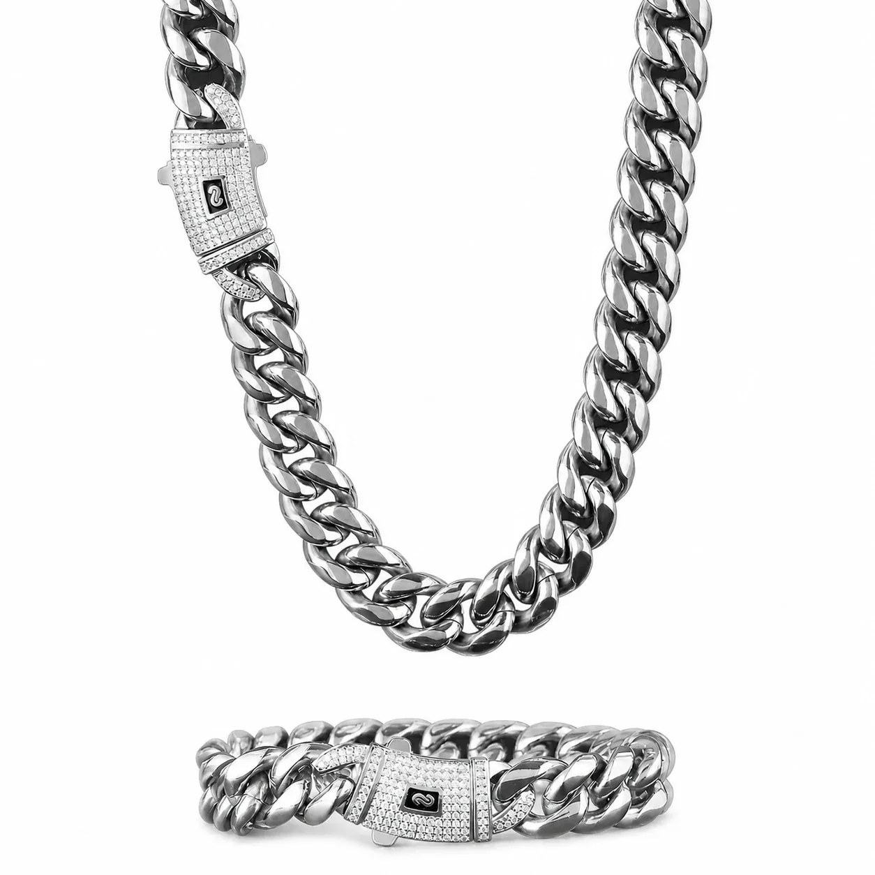 Bold Stainless Steel Cuban Link Pavé Box Clasp Chain Necklace