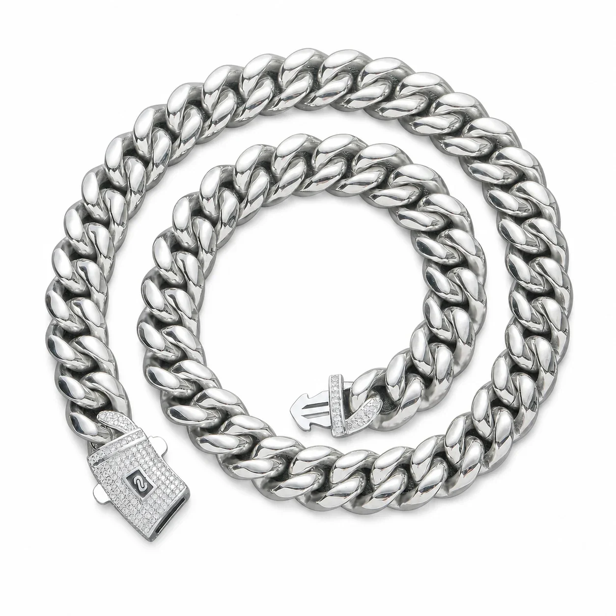 Bold Stainless Steel Cuban Link Pavé Box Clasp Chain Necklace