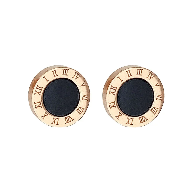 Roman Numeral Black-Center Stud Earrings in Stainless Steel