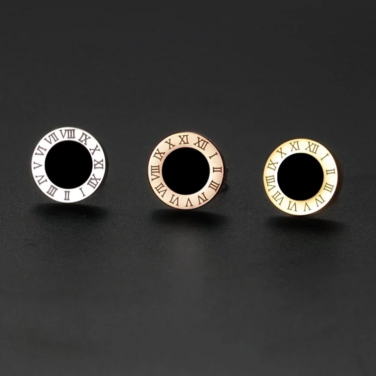 Roman Numeral Black-Center Stud Earrings in Stainless Steel