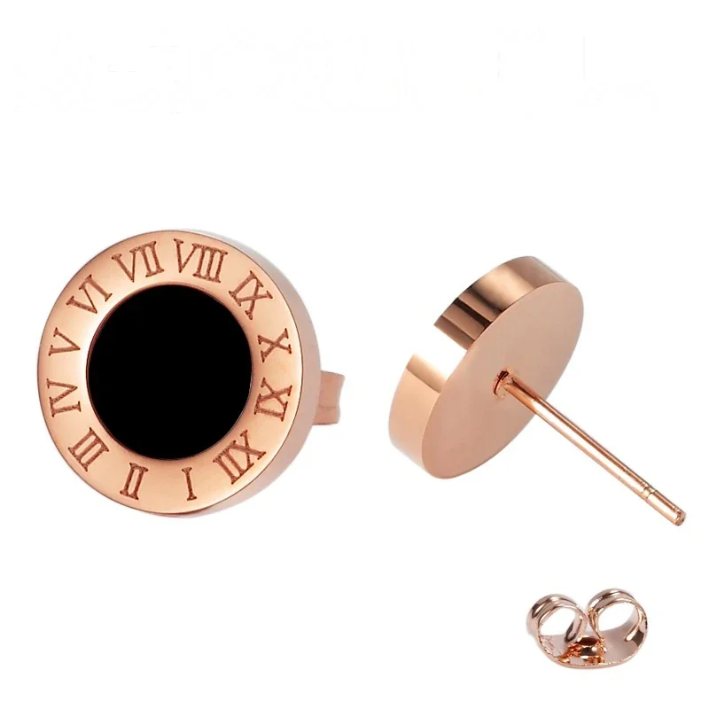 Roman Numeral Black-Center Stud Earrings in Stainless Steel