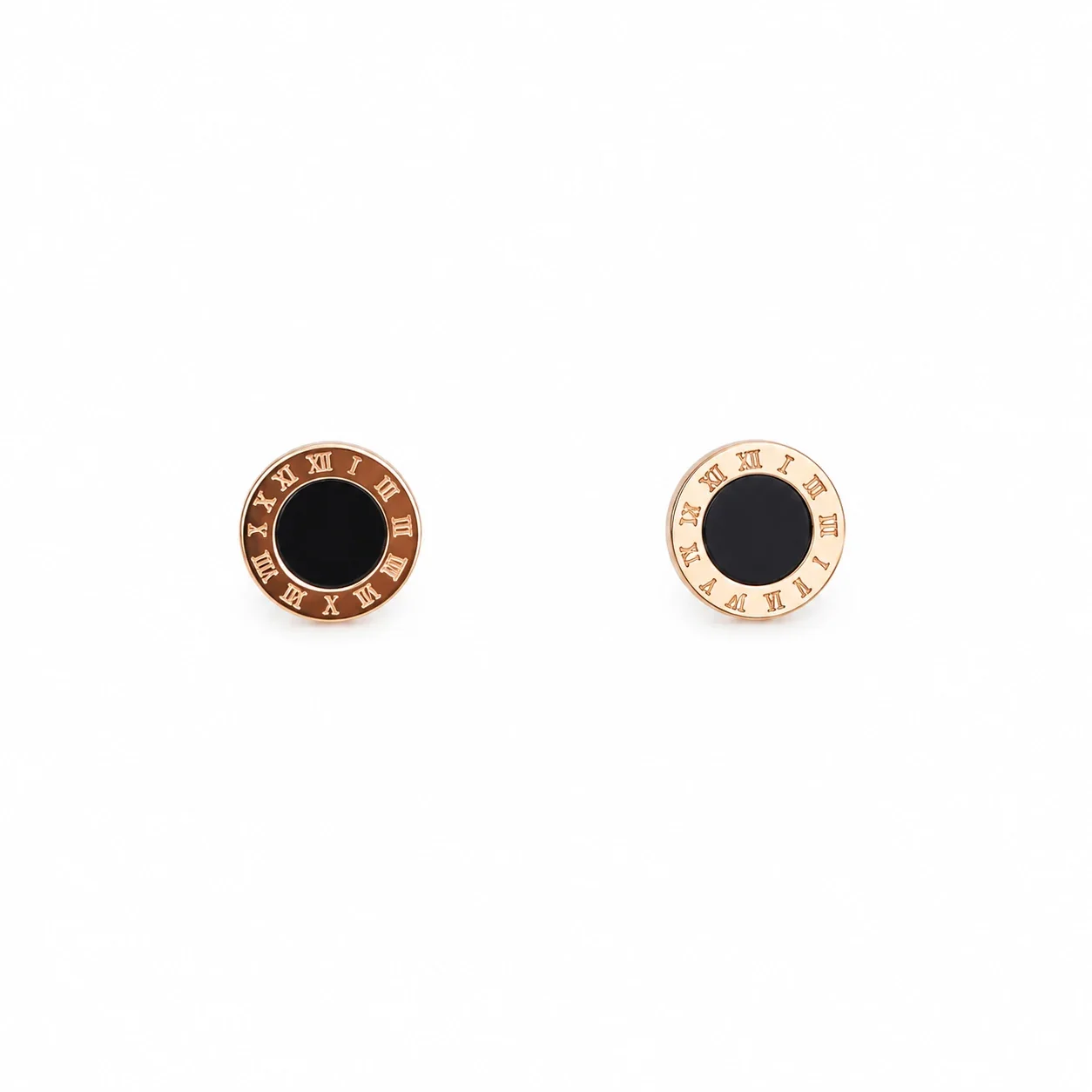 Roman Numeral Black-Center Stud Earrings in Stainless Steel