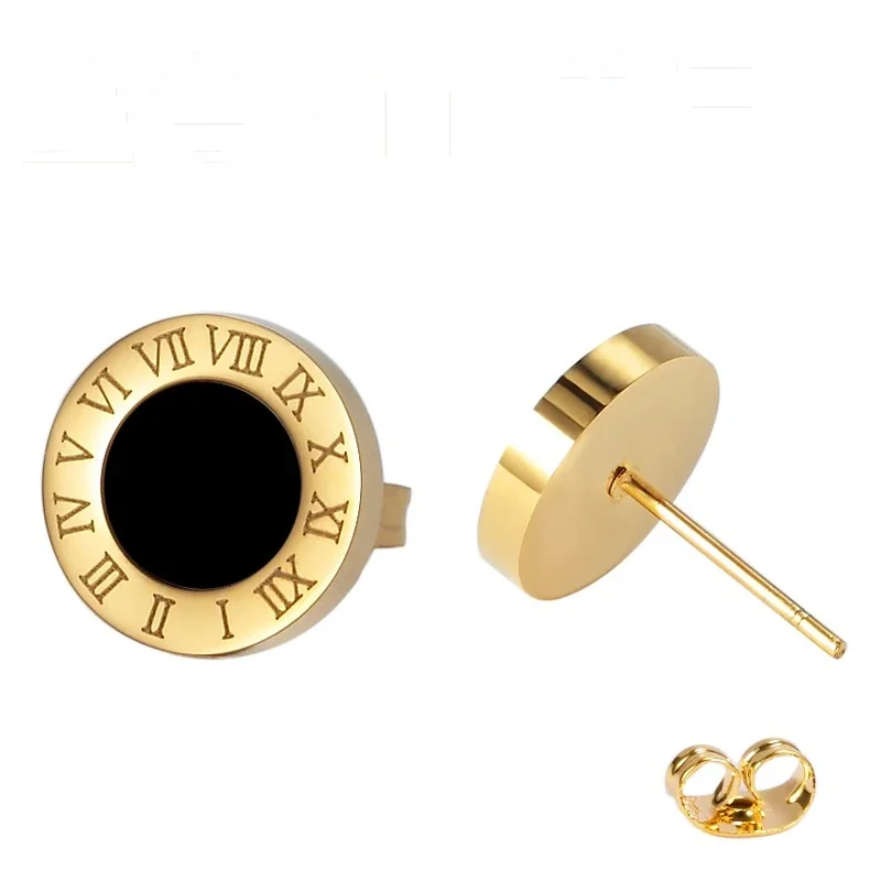 Roman Numeral Black-Center Stud Earrings in Stainless Steel - Gold