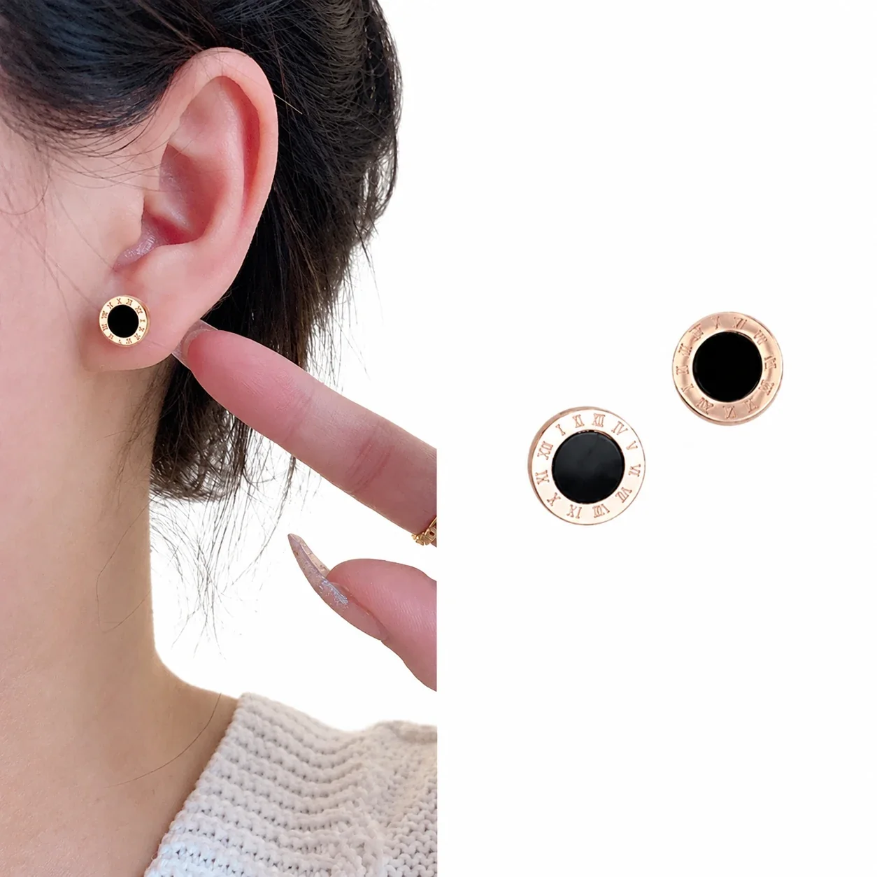 Roman Numeral Black-Center Stud Earrings in Stainless Steel - Rose Gold