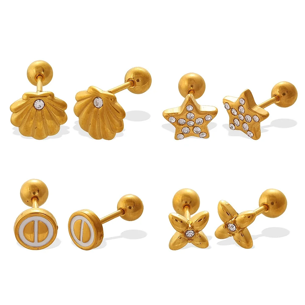 Stud Earrings, Star Shell & Bow Motifs, Gold-Plated Steel