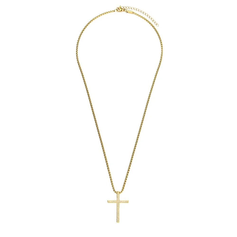 Polished Stainless Steel Pavé Cross Box Chain Necklace