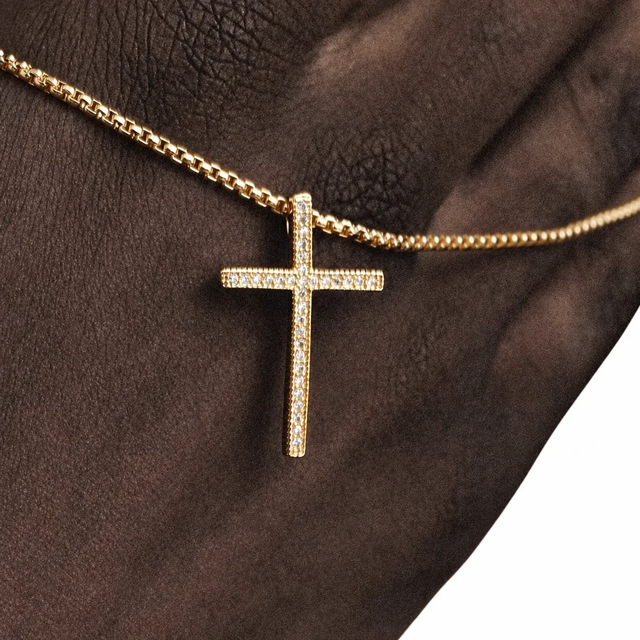 Polished Stainless Steel Pavé Cross Box Chain Necklace