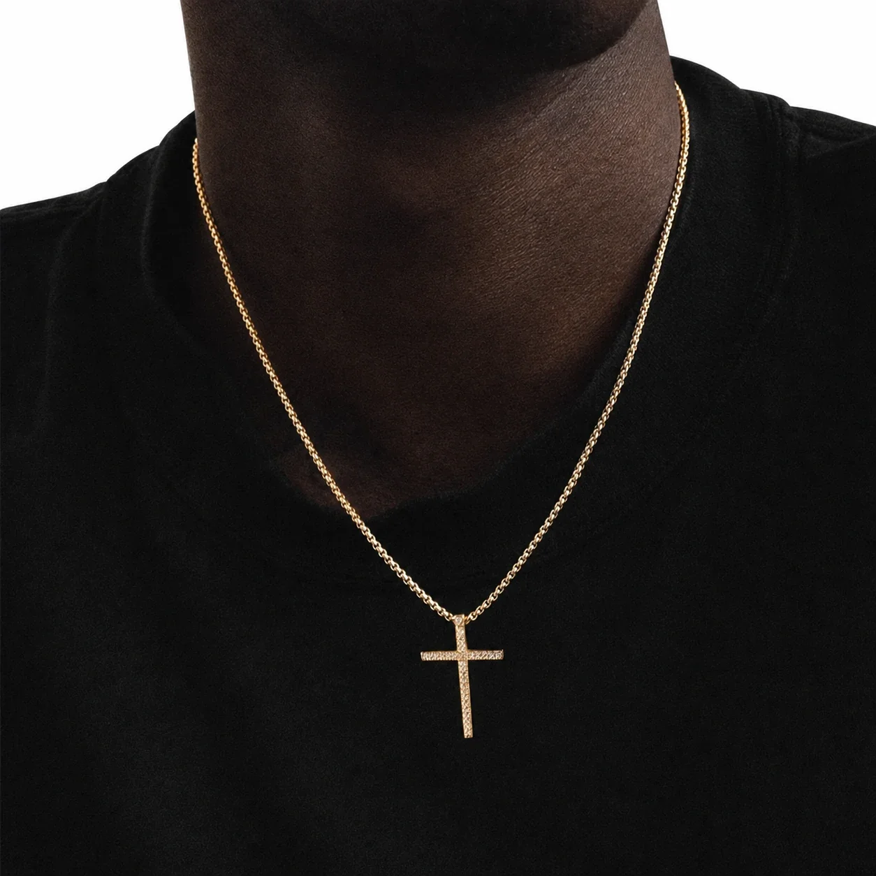 Polished Stainless Steel Pavé Cross Box Chain Necklace