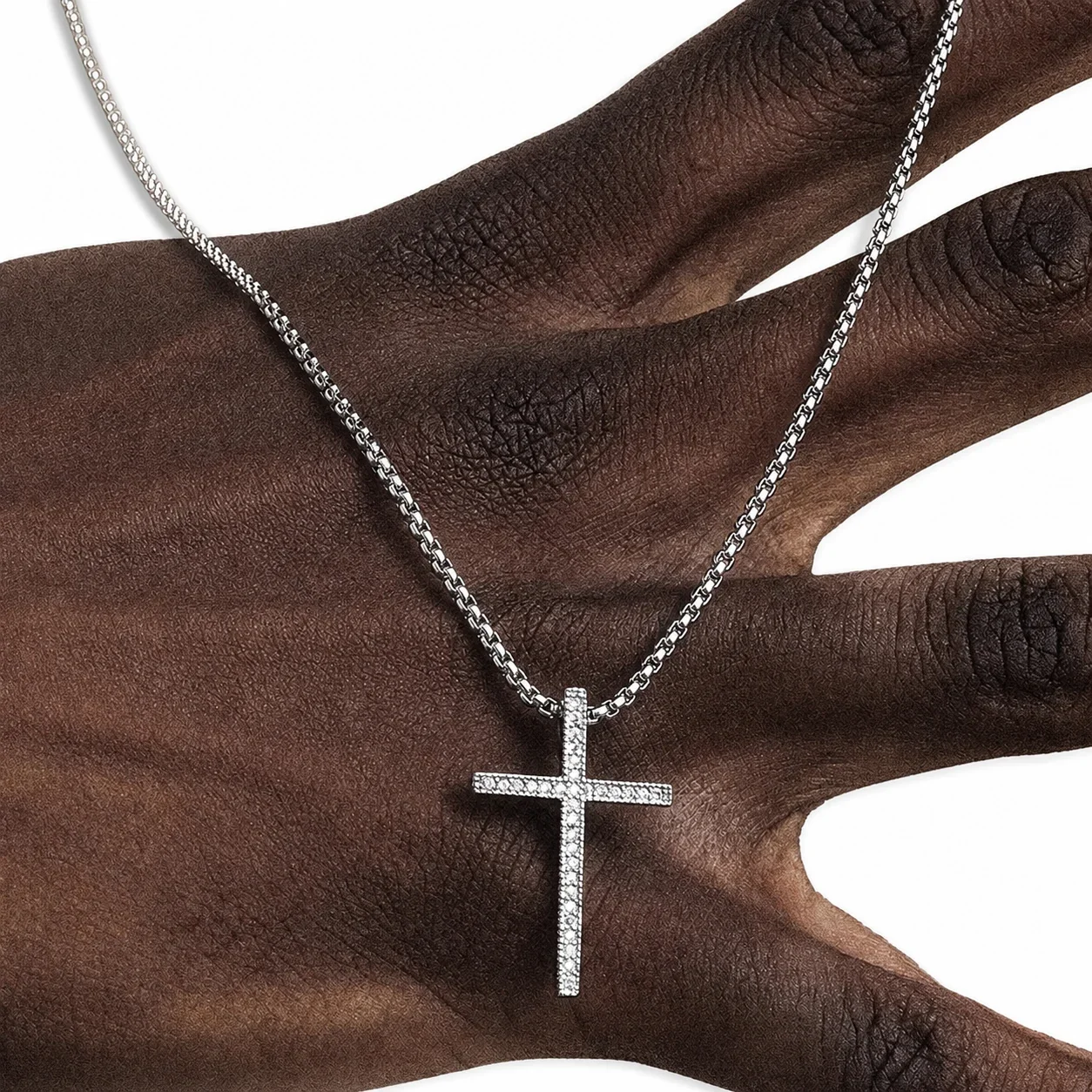 Polished Stainless Steel Pavé Cross Box Chain Necklace
