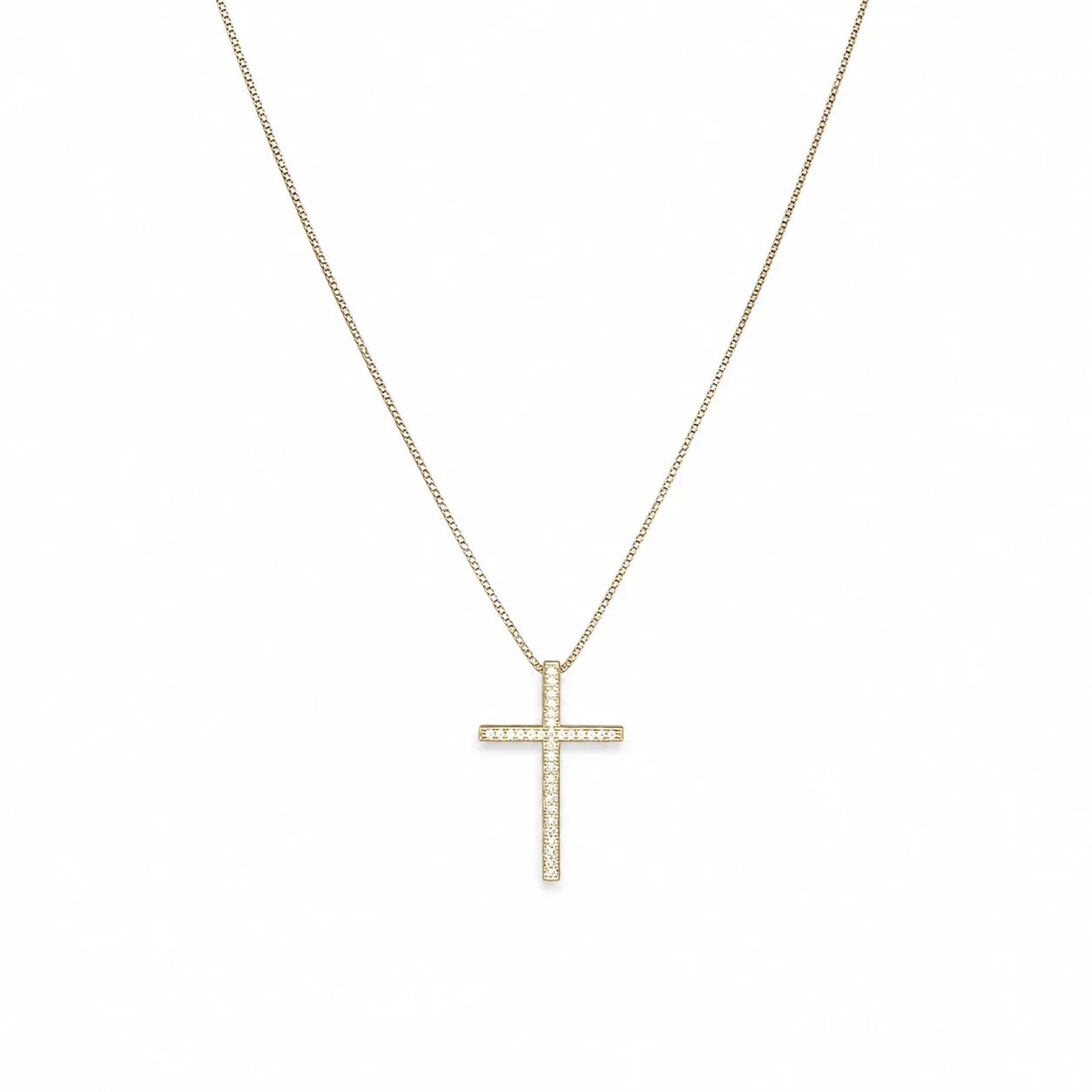 Polished Stainless Steel Pavé Cross Box Chain Necklace - Gold