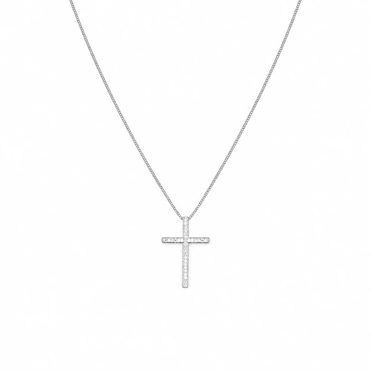 Polished Stainless Steel Pavé Cross Box Chain Necklace - Silver