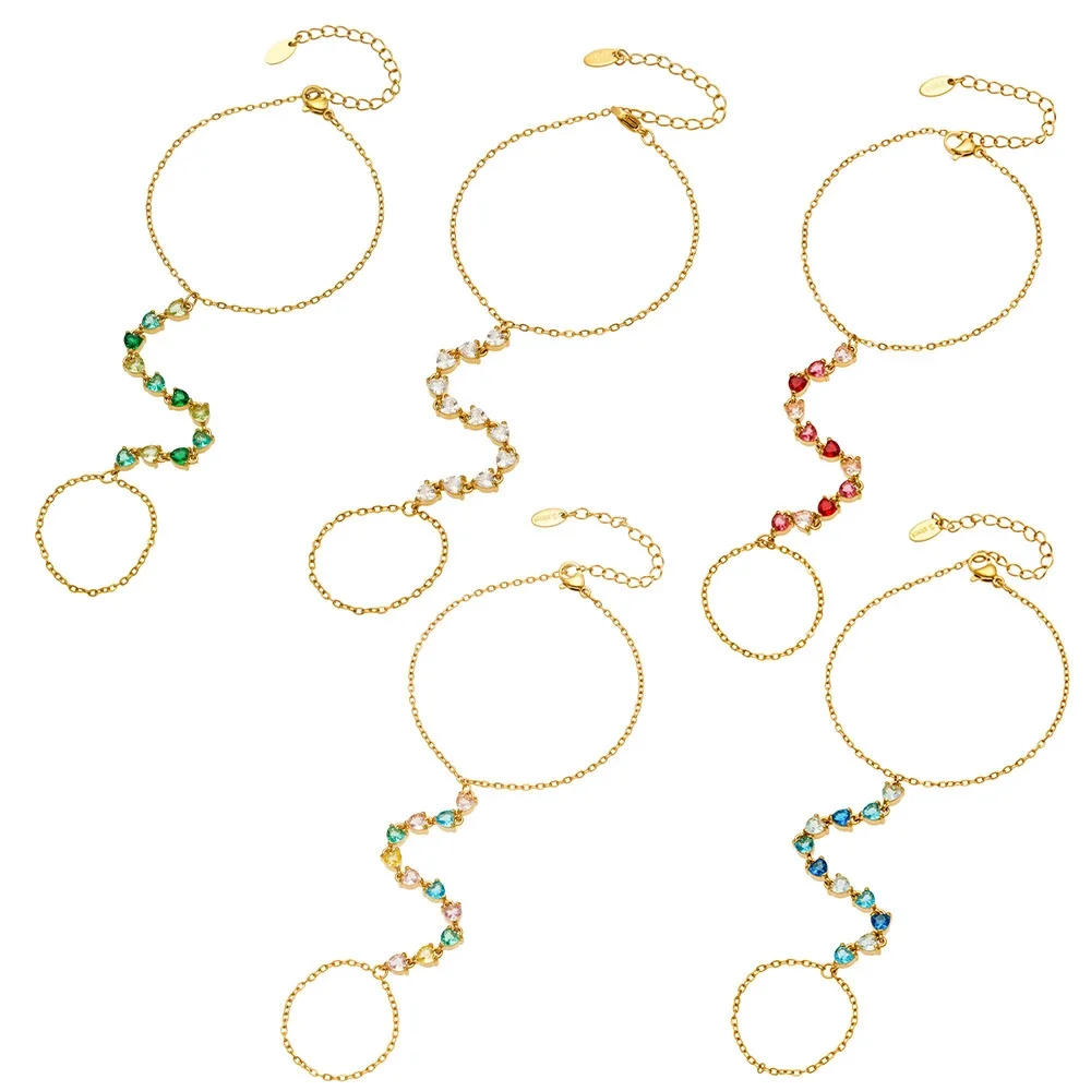 Dopamine Gold PVD Heart CZ Chain Bracelet 316L Stainless Steel Ring