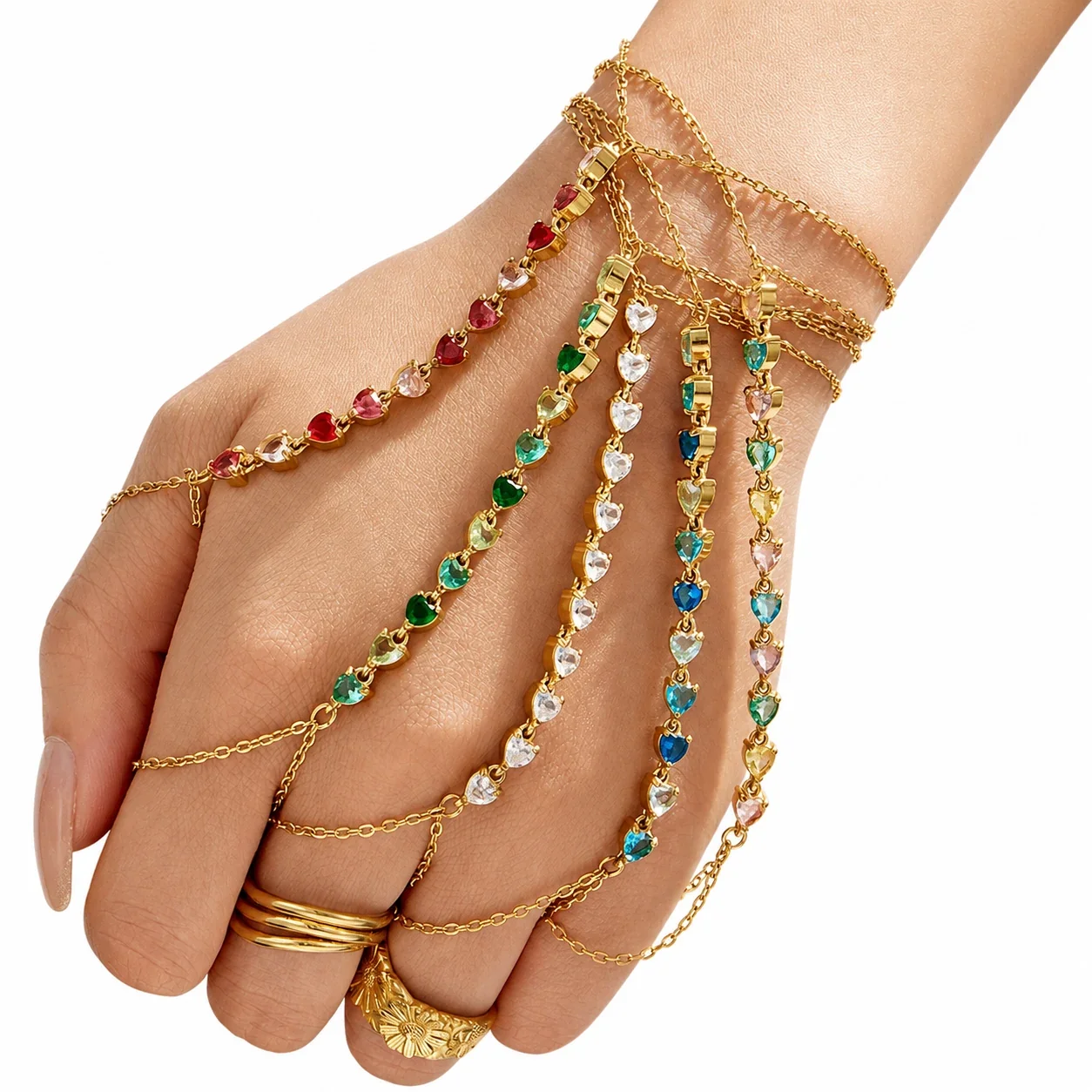 Dopamine Gold-Plated Heart CZ Chain Bracelet Ring