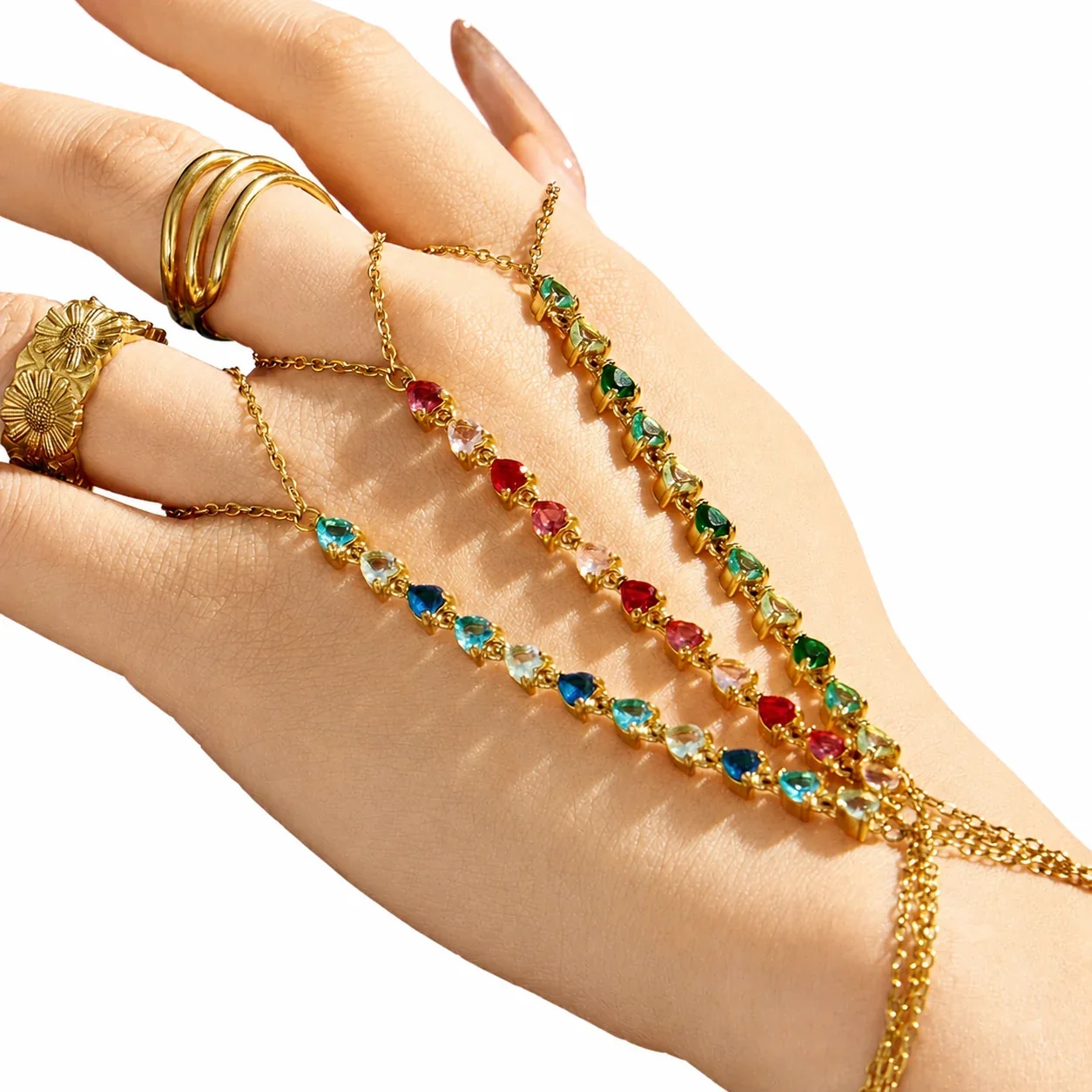 Dopamine Gold-Plated Heart CZ Chain Bracelet Ring