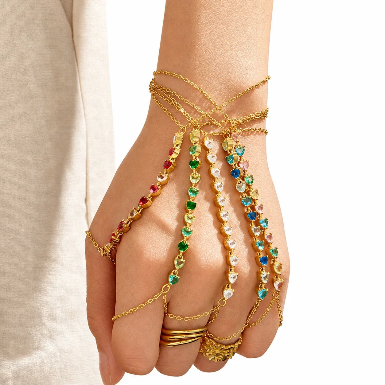 Dopamine Gold-Plated Heart CZ Chain Bracelet Ring