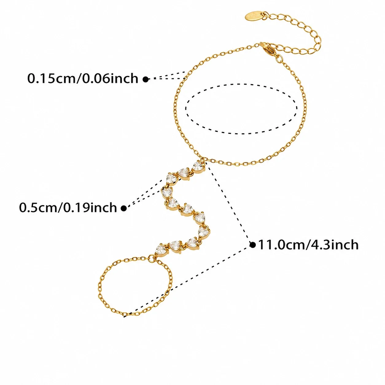 Dopamine Gold-Plated Heart CZ Chain Bracelet Ring - White CZ