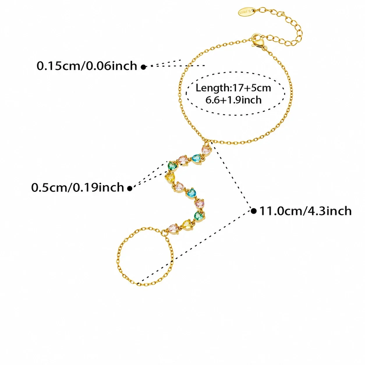 Dopamine Gold-Plated Heart CZ Chain Bracelet Ring - Multicolor CZ
