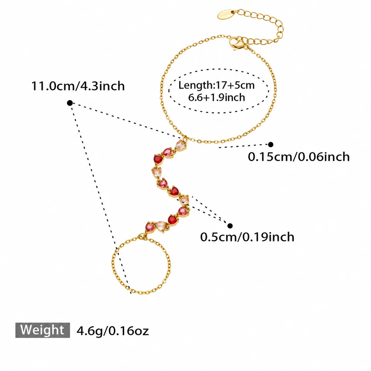Dopamine Gold-Plated Heart CZ Chain Bracelet Ring - Red CZ
