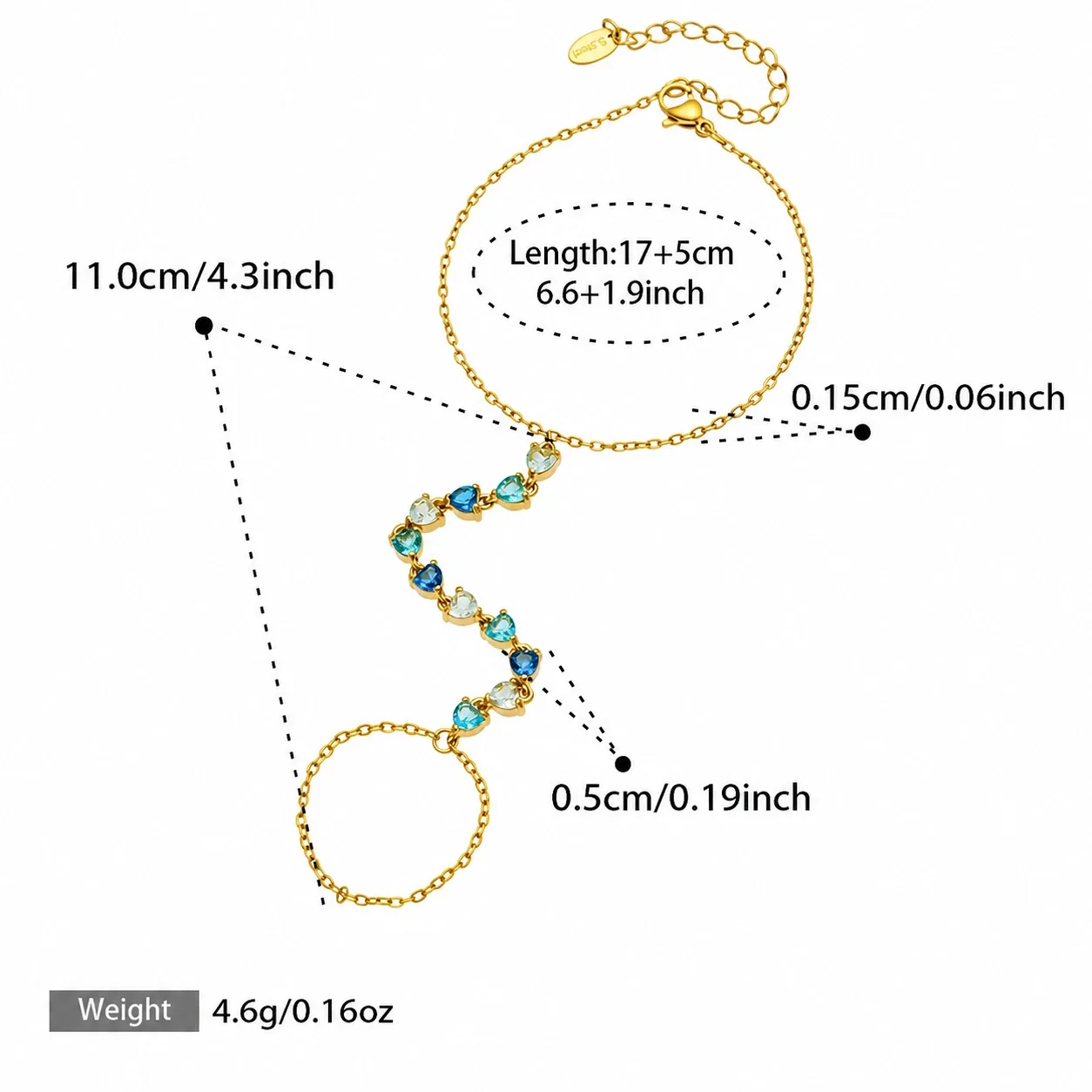 Dopamine Gold-Plated Heart CZ Chain Bracelet Ring - Blue CZ