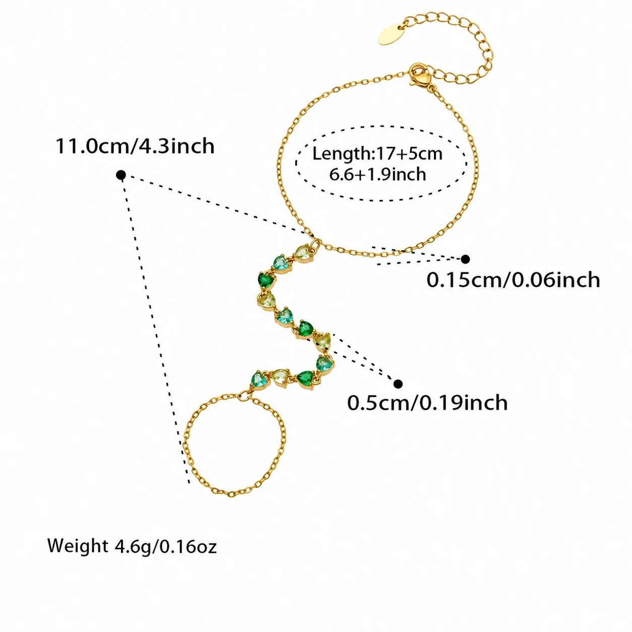 Dopamine Gold-Plated Heart CZ Chain Bracelet Ring - Green CZ
