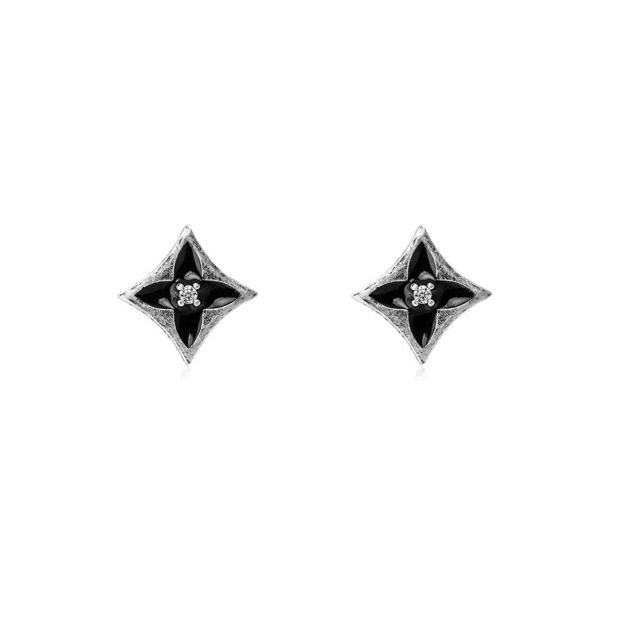Antiqued Stainless Steel Black Clover Crystal Stud Earrings