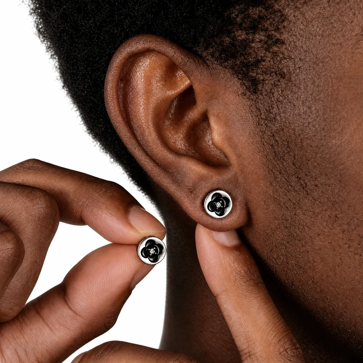 Antiqued Stainless Steel Black Clover Crystal Stud Earrings