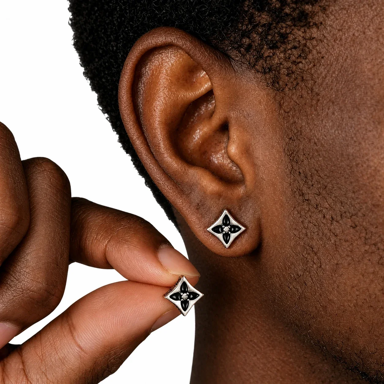 Antiqued Stainless Steel Black Clover Crystal Stud Earrings