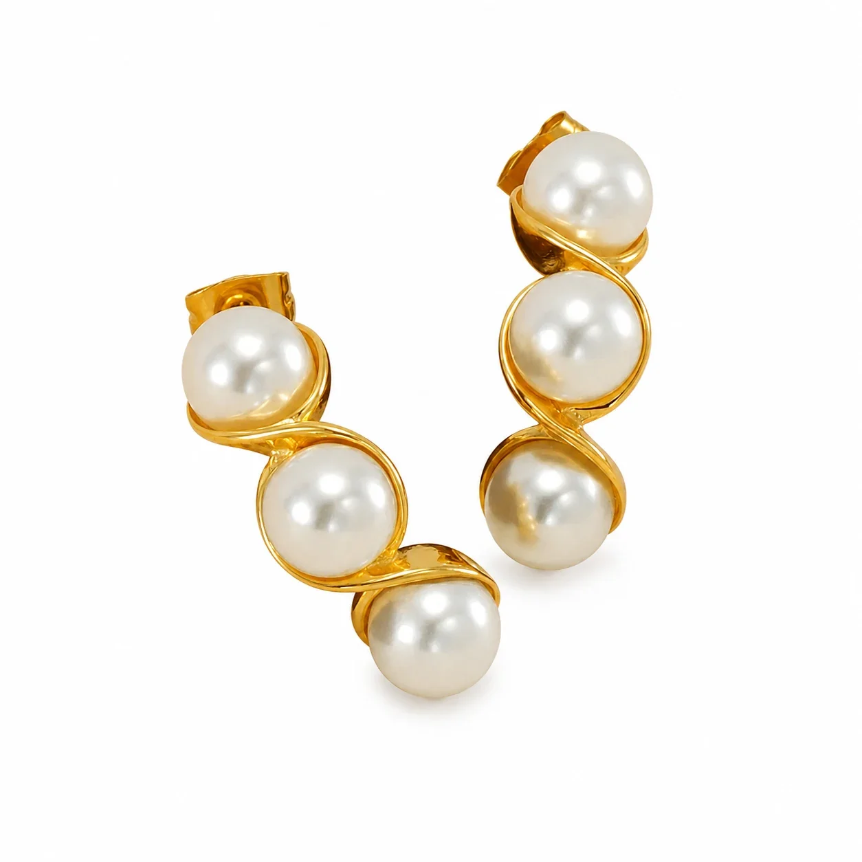 Sculptural Gold-Plated Triple Pearl Twist Drop Earrings