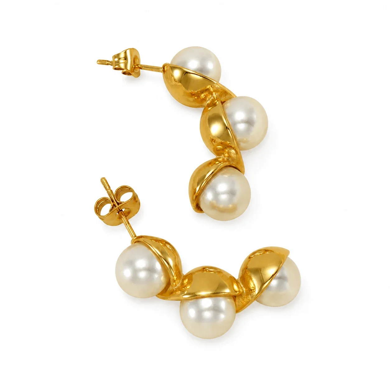 Sculptural Gold-Plated Triple Pearl Twist Drop Earrings
