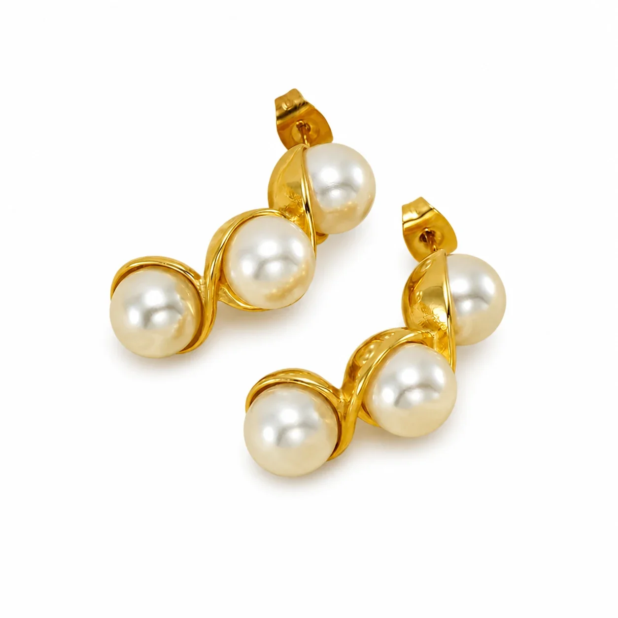 Sculptural Gold-Plated Triple Pearl Twist Drop Earrings