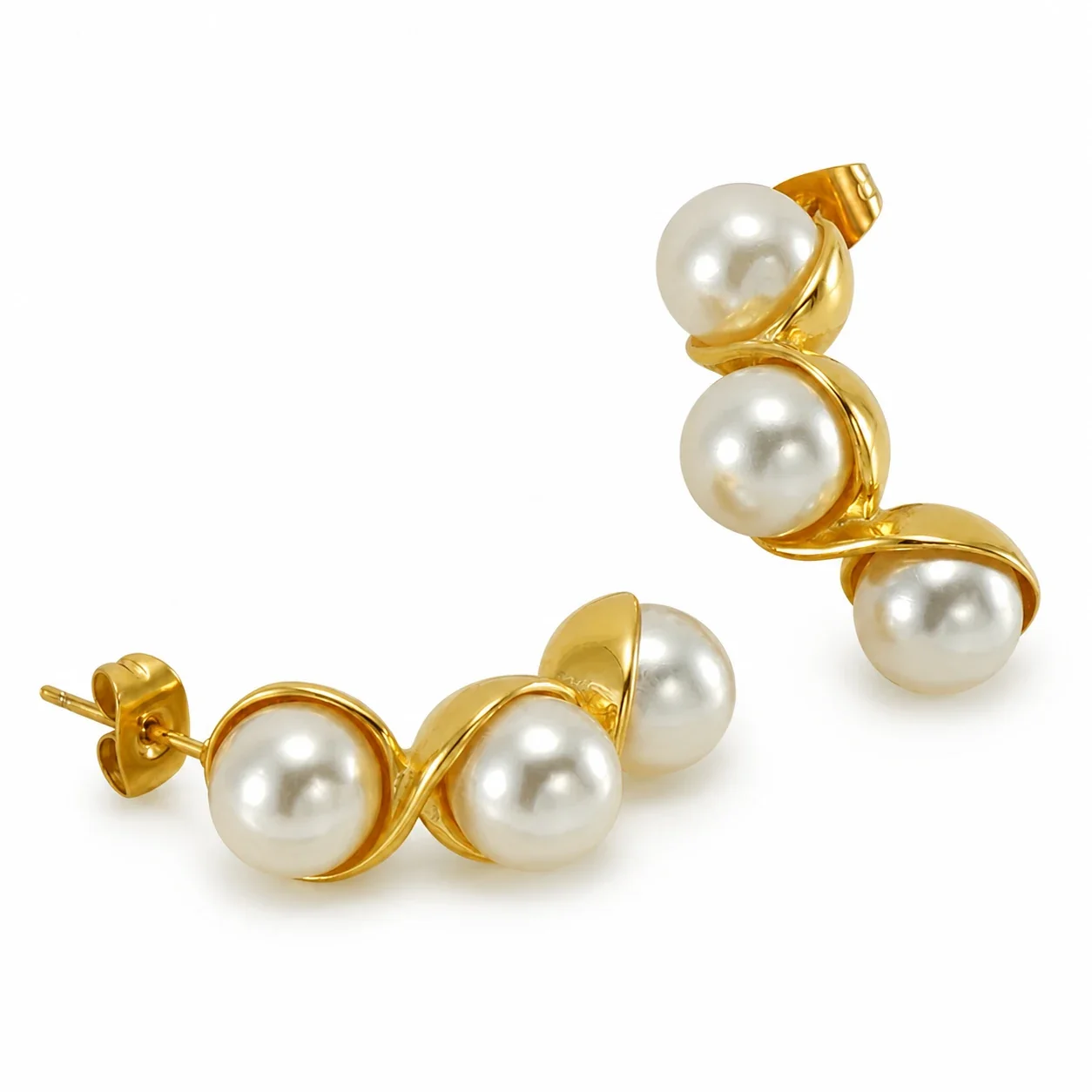 Sculptural Gold-Plated Triple Pearl Twist Drop Earrings