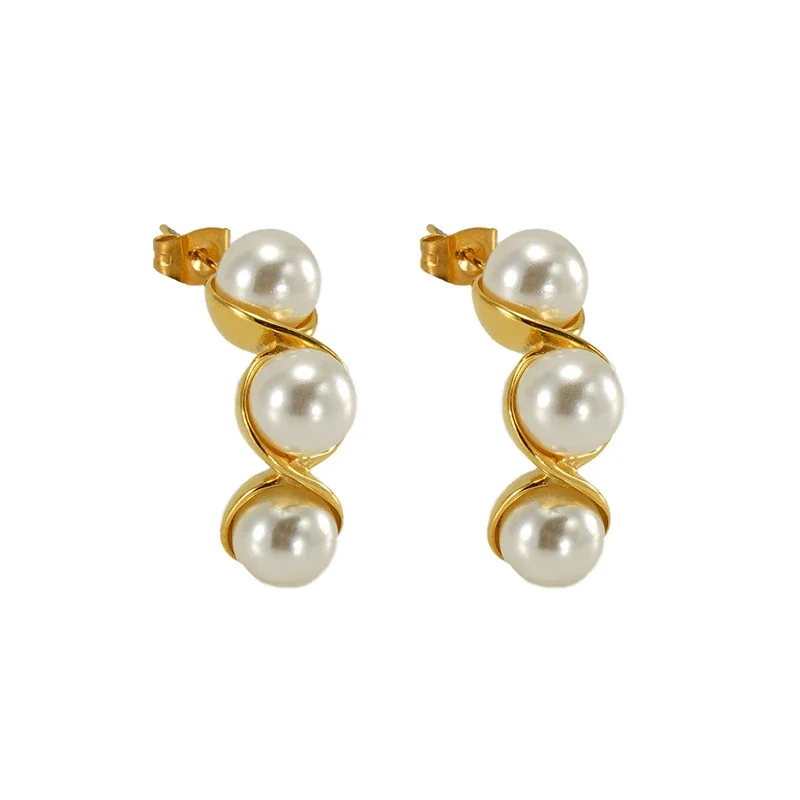 Sculptural Gold-Plated Triple Pearl Twist Drop Earrings
