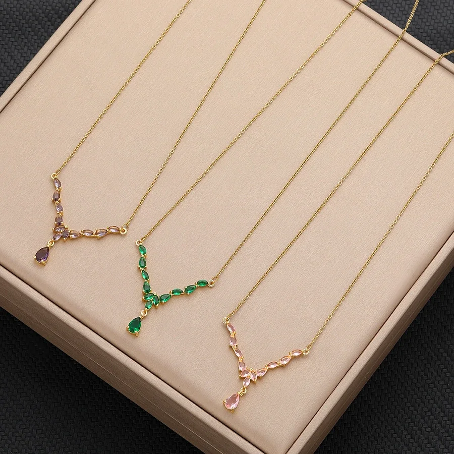 Y-Drop Necklace with Marquise CZ in Gold-Plated Stainless Steel