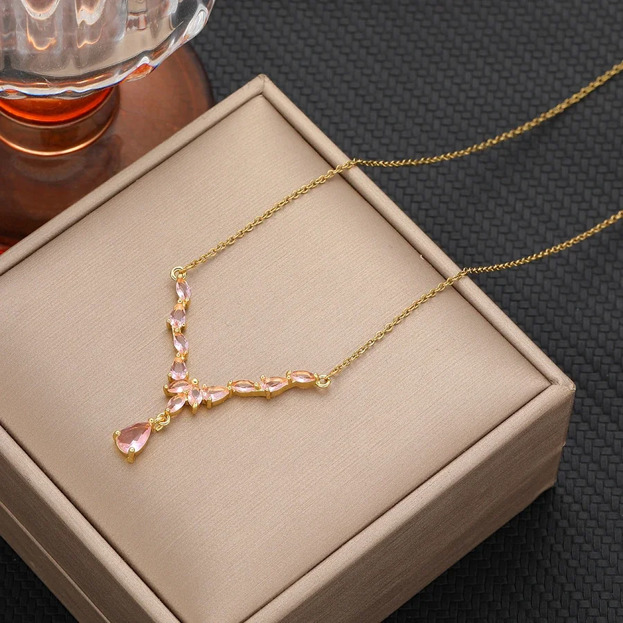 Y-Drop Necklace with Marquise CZ in Gold-Plated Stainless Steel