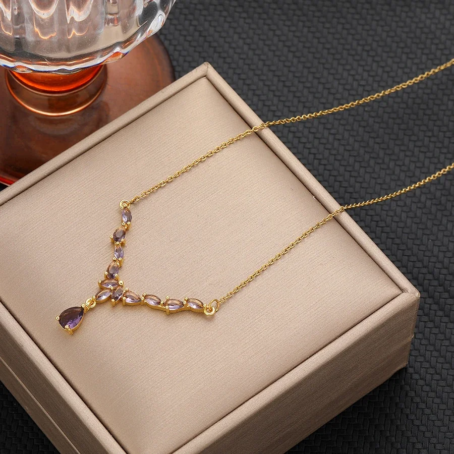 Y-Drop Necklace with Marquise CZ in Gold-Plated Stainless Steel