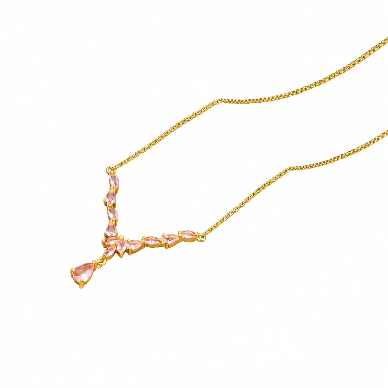 Y-Drop Necklace with Marquise CZ in Gold-Plated Stainless Steel - Pink CZ