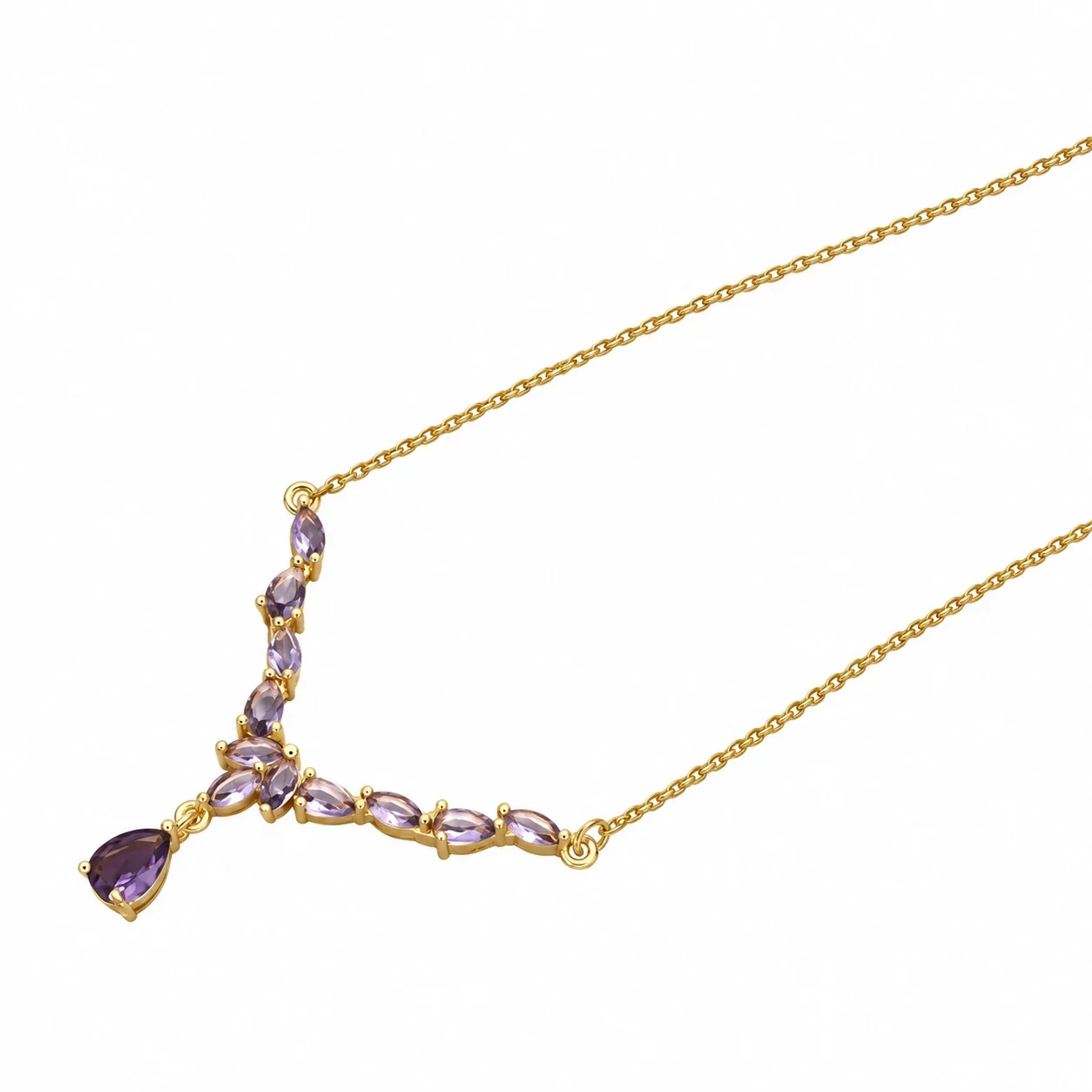 Y-Drop Necklace with Marquise CZ in Gold-Plated Stainless Steel - Purple CZ