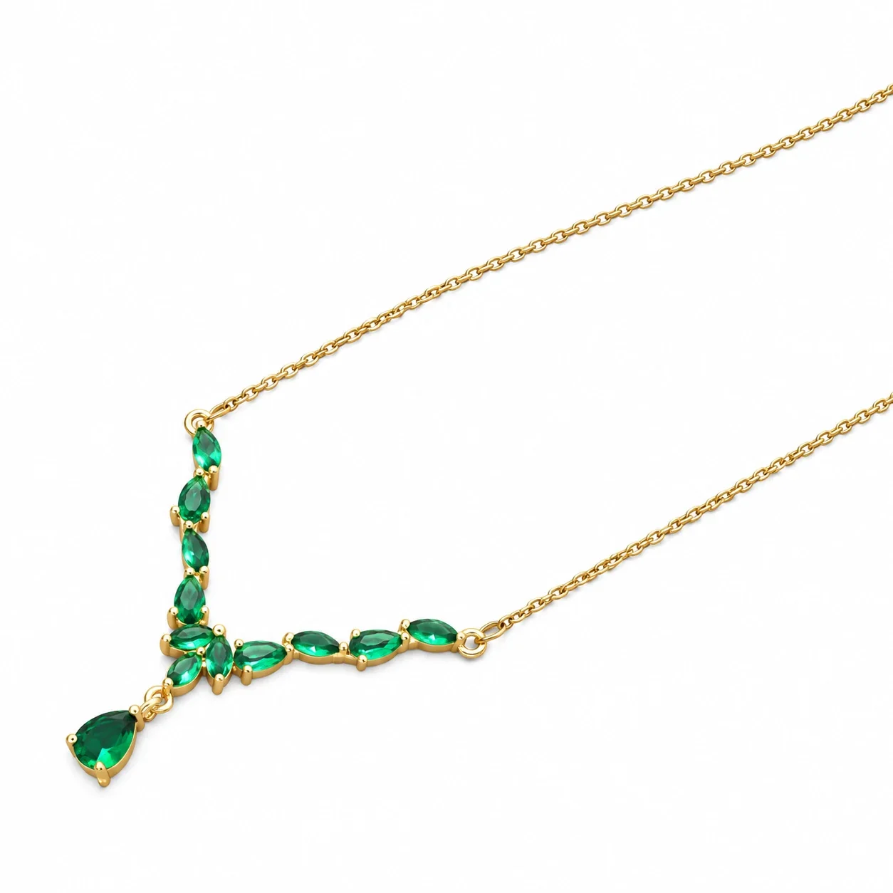 Y-Drop Necklace with Marquise CZ in Gold-Plated Stainless Steel - Green CZ
