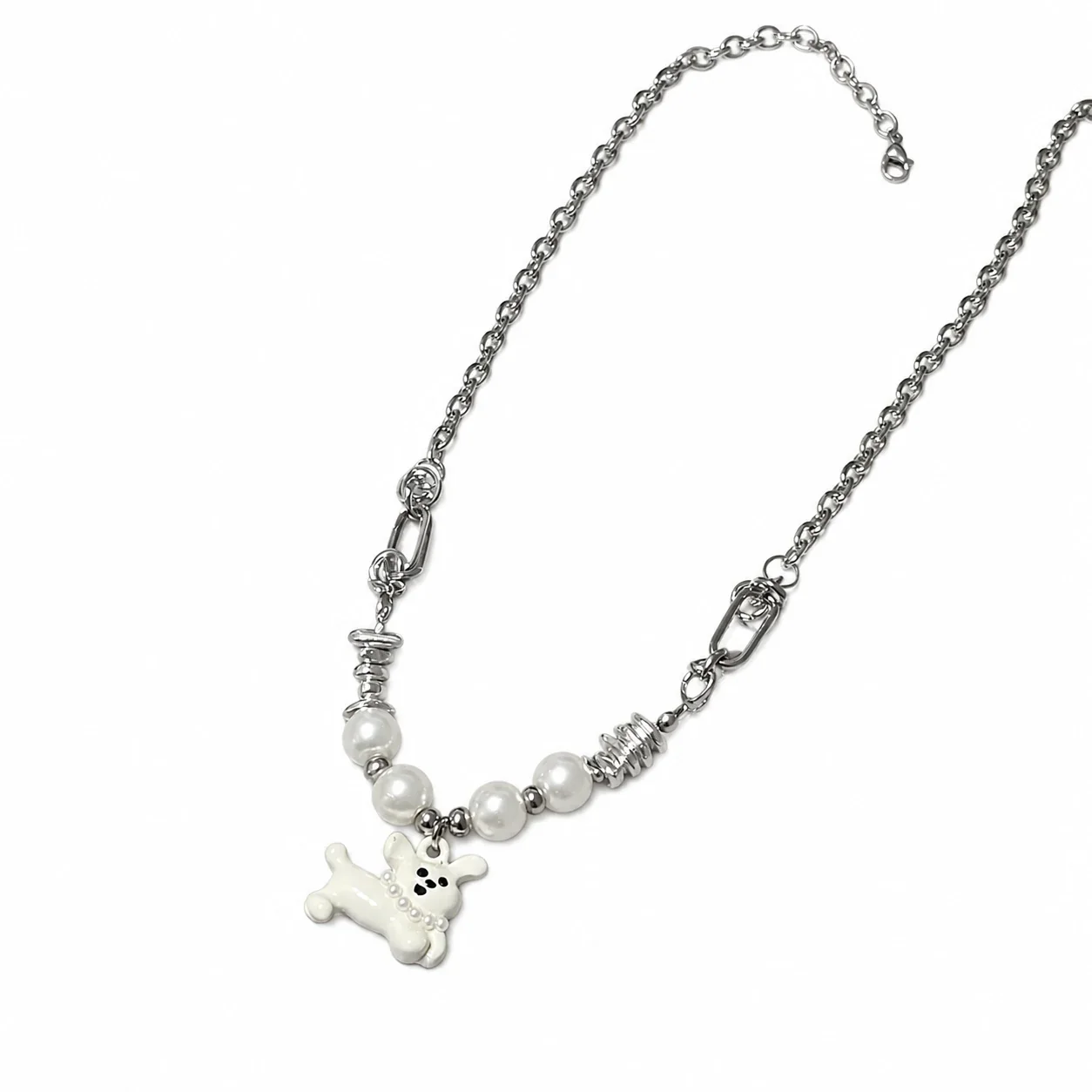 Playful Silver-Plated Dog Charm Pearl-Effect Chain Necklace