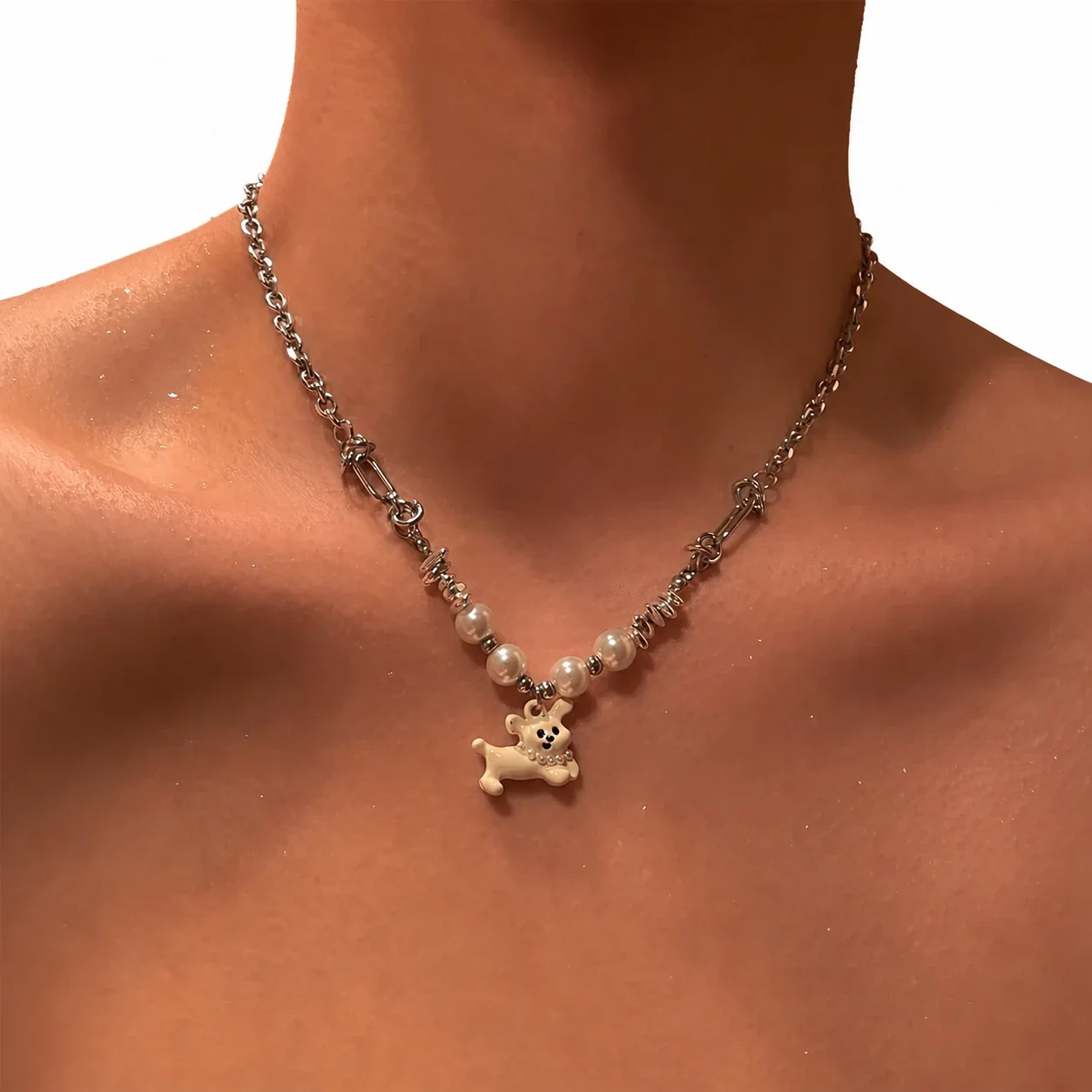 Playful Silver-Plated Dog Charm Pearl-Effect Chain Necklace
